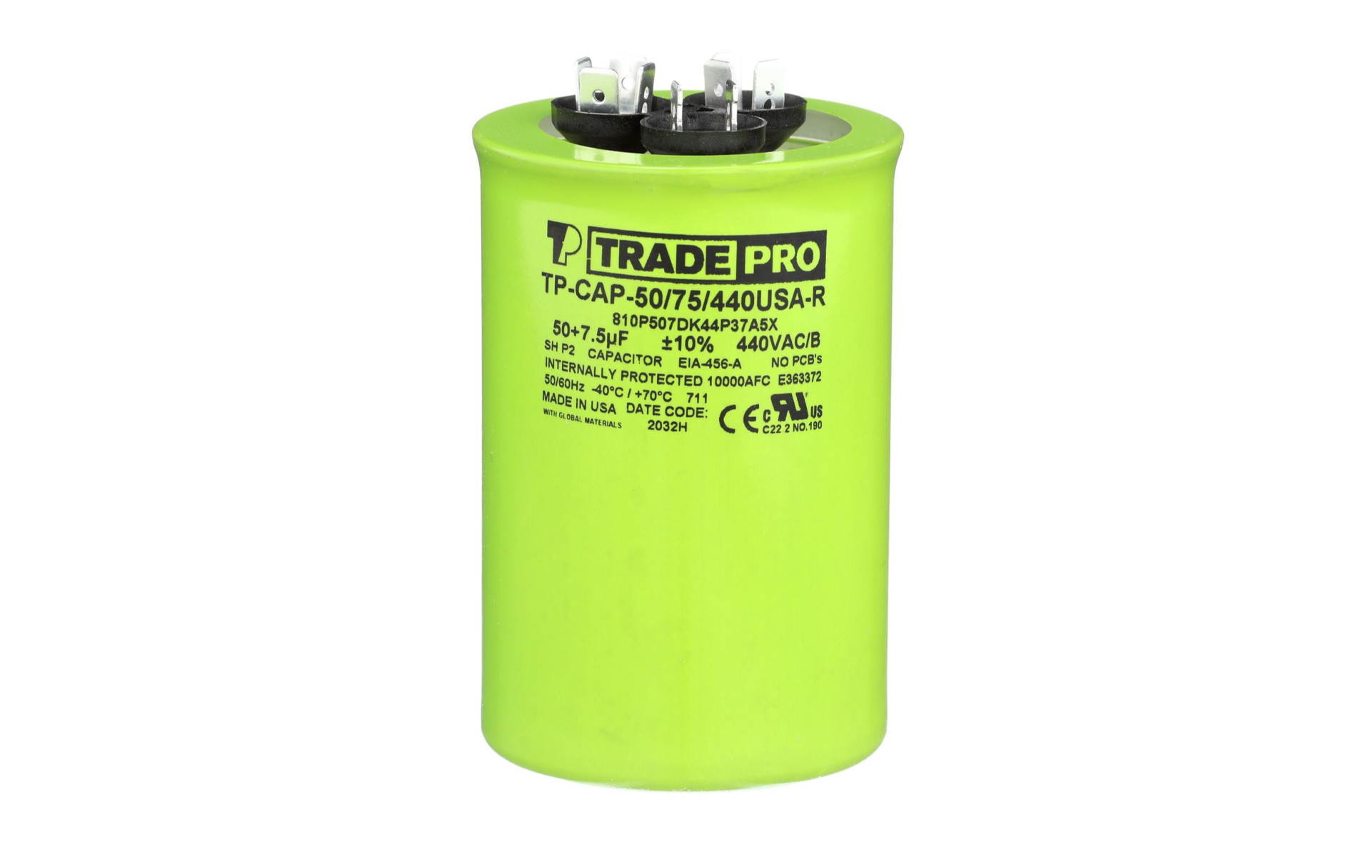 TRADEPRO® TP-CAP-50/75/440USAR - Round Capacitor, 50/7.5/440V- USA Made Item: TP-CAP-50/75/440USAR MFG: TP5075440U