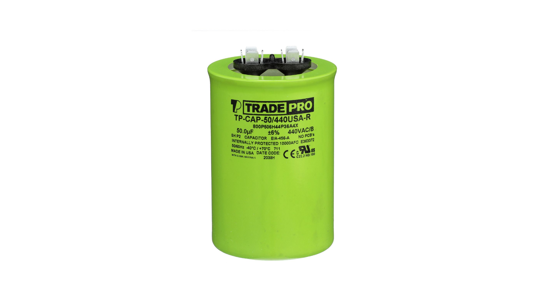 TRADEPRO® TP-CAP-50/440USAR - Round Capacitor, 50/440V- USA Made Item: TP-CAP-50/440USAR MFG: TP50440U