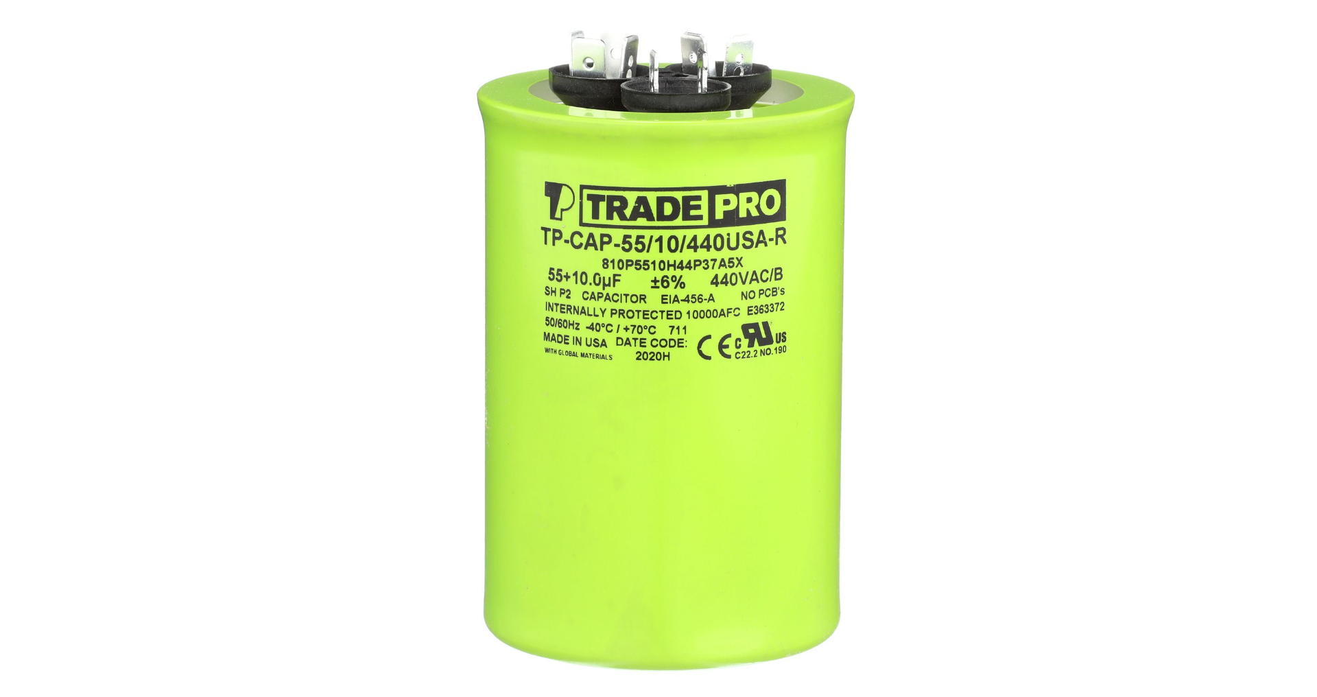 TRADEPRO® TP-CAP-55/10/440USAR - Round Capacitor, 55/10/440V- USA Made Item: TP-CAP-55/10/440USAR MFG: TP5510440U