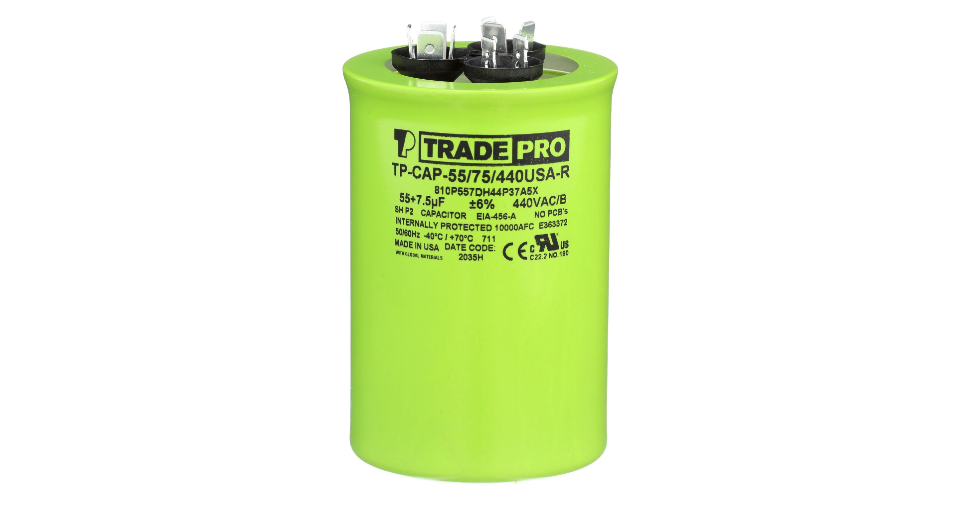 TRADEPRO® TP-CAP-55/440USAR - Round Capacitor, 55/440V- USA Made Item: TP-CAP-55/440USAR MFG: TP55440U