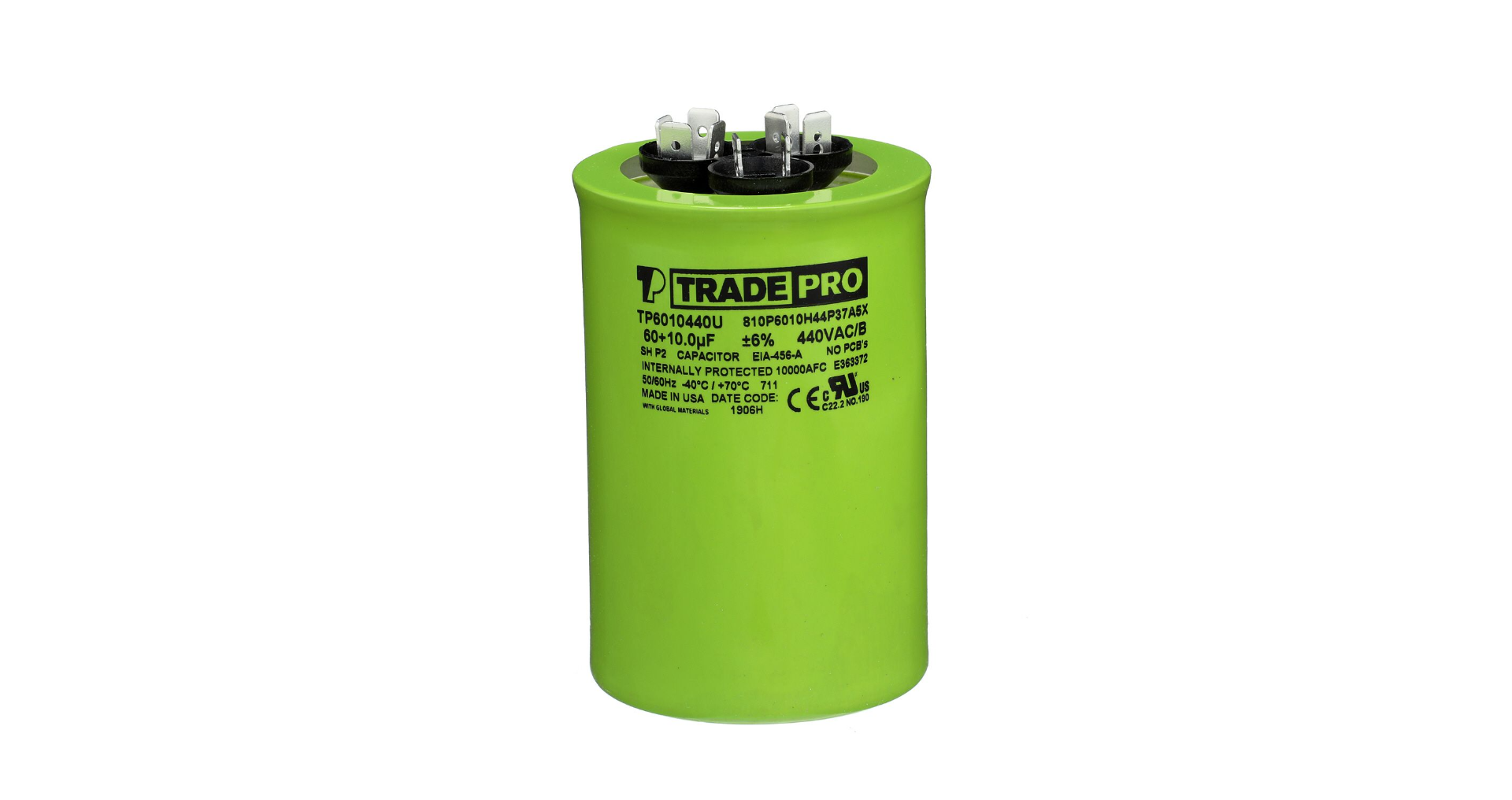 TRADEPRO® TP-CAP-60/10/440USAR - Round Capacitor, 60/10/440V- USA Made Item: TP-CAP-60/10/440USAR MFG: TP6010440U