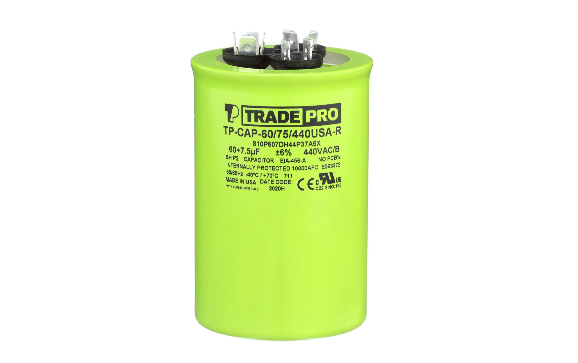 TRADEPRO® TP-CAP-55/75/440USAR - Round Capacitor, 55/7.5/440V- USA Made Item: TP-CAP-55/75/440USAR MFG: TP5575440U