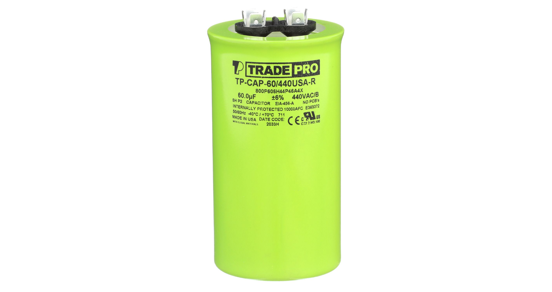 TRADEPRO® TP-CAP-60/440USAR - Round Capacitor, 60/440V- USA Made Item: TP-CAP-60/440USAR MFG: TP60440U