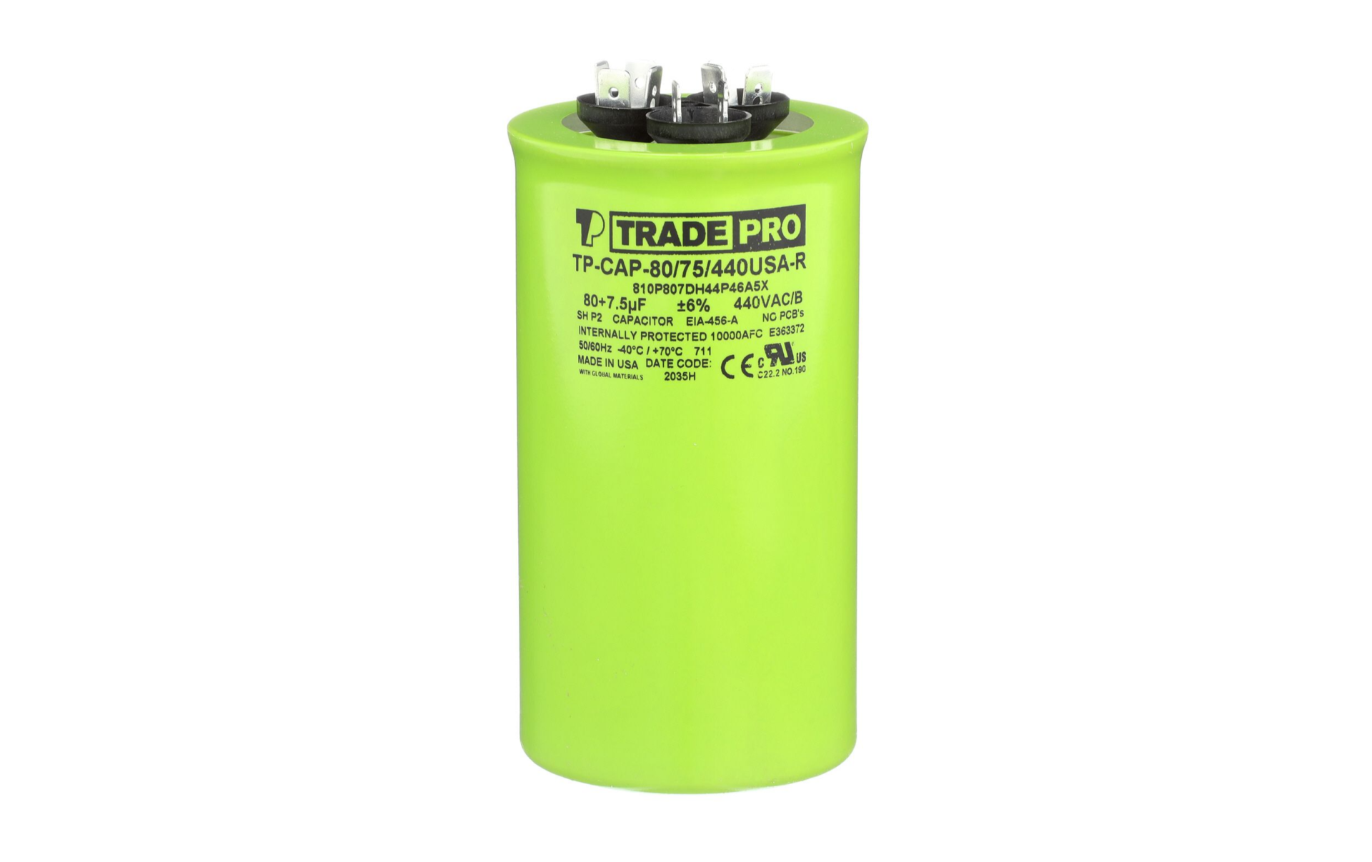 TRADEPRO® TP-CAP-80/75/440USAR - Round Capacitor, 80/7.5/440V- USA Made Item: TP-CAP-80/75/440USAR MFG: TP8075440U